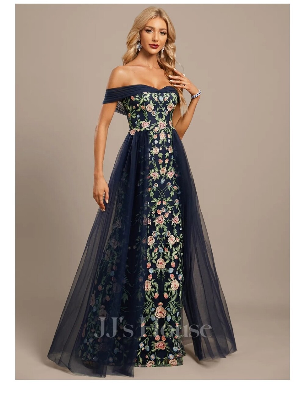Off-Shoulder Navy Floral Embroidered Evening Gown